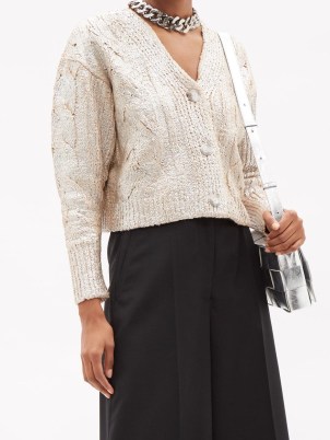 STELLA MCCARTNEY Metallic cable-knit cotton-blend cardigan in silver ~ luxe cardigans ~ womens designer knitwear