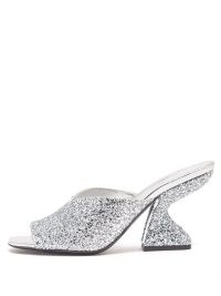 SALVATORE FERRAGAMO Sandu 85 silver glitter-finished leather mules ~ gilttering sculpted heels ~ women’s metallic look shoes ~ womens glamorous luxe footwear