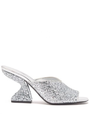 SALVATORE FERRAGAMO Sandu 85 silver glitter-finished leather mules ~ gilttering sculpted heels ~ women’s metallic look shoes ~ womens glamorous luxe footwear - flipped