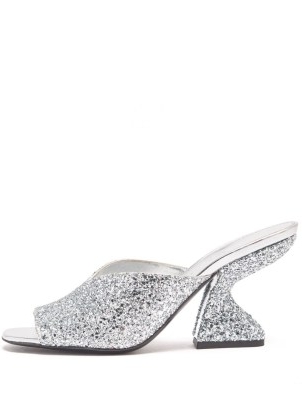 SALVATORE FERRAGAMO Sandu 85 silver glitter-finished leather mules ~ gilttering sculpted heels ~ women’s metallic look shoes ~ womens glamorous luxe footwear