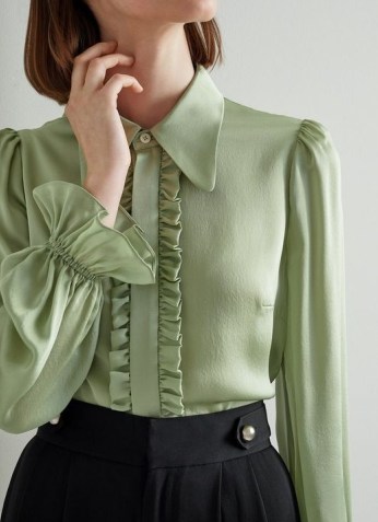 L.K. BENNETT SIMONE MINT GREEN SILK GEORGETTE TUXEDO SHIRT / women’s romantic ruffled shirts / womens luxe fashion - flipped