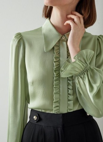 L.K. BENNETT SIMONE MINT GREEN SILK GEORGETTE TUXEDO SHIRT / women’s romantic ruffled shirts / womens luxe fashion