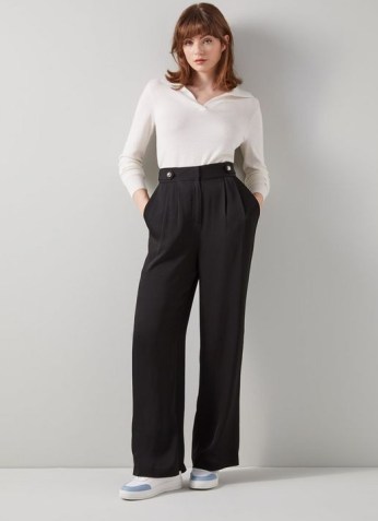 L.K. BENNETT SISI BLACK CREPE PLEAT FRONT WIDE-LEG TROUSERS / women’s effortless style clothing