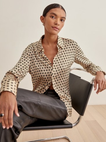 REFORMATION Sky Top in Bernini ~ womens chic collared neckline front button up tops ~ women’s stylish printed shirts - flipped