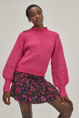 NASTY GAL Soft Rib Button Shoulder Knit Jumper in Pink - flipped