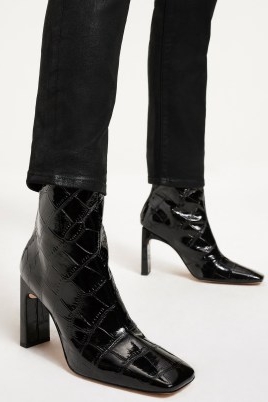 GOOD AMERICAN SQUARE TOE ZIPPER BOOTIE Black001 / croc effect patent leather boots / crocodile print booties