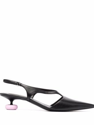 Stella McCartney pointed sling-back pumps in black | retro faux leather slingback courts | vintage style court shoes | low sculptural heel - flipped
