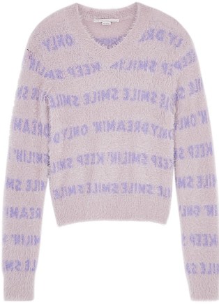 STELLA MCCARTNEY Taupe textured-knit jumper | womens fuzzy V-neck slogan jumpers - flipped