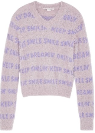 STELLA MCCARTNEY Taupe textured-knit jumper | womens fuzzy V-neck slogan jumpers