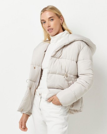 RIVER ISLAND STONE HOODED PUFFER COAT ~ padded jackets with hood ~ womens on trend winter coats - flipped