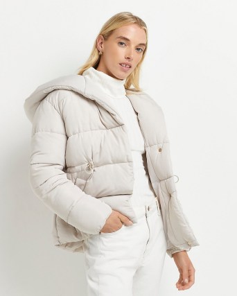 RIVER ISLAND STONE HOODED PUFFER COAT ~ padded jackets with hood ~ womens on trend winter coats