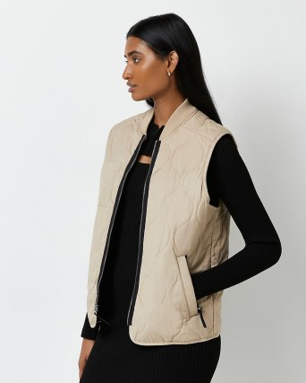 RIVER ISLAND STONE ZIP THROUGH QUILTED GILET ~ womens sleeveless jackets ~ casual outerwear ~ women’s gilets - flipped