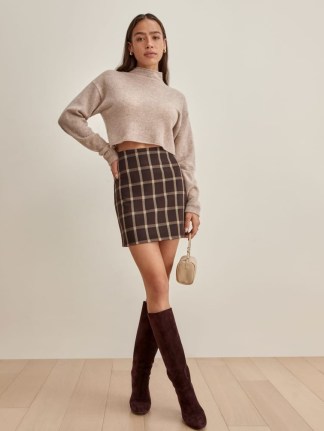 REFORMATION Suzie Skirt in Dark Brown Plaid / checked mini skirts - flipped