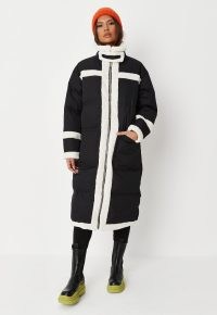 MISSGUIDED tall black borg contrast long line puffer coat ~ textured fur trimmed longline coats ~ womens fashionable winter outerwear