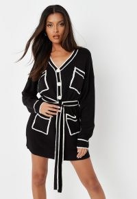 Missguided tall black contrast tip belted knit cardigan dress | knitted tie waist mini dresses | monochrome winter fashion
