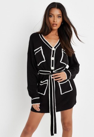 Missguided tall black contrast tip belted knit cardigan dress | knitted tie waist mini dresses | monochrome winter fashion - flipped