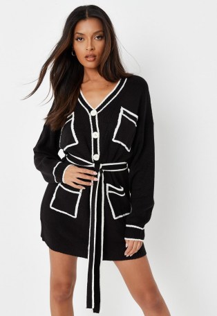 Missguided tall black contrast tip belted knit cardigan dress | knitted tie waist mini dresses | monochrome winter fashion