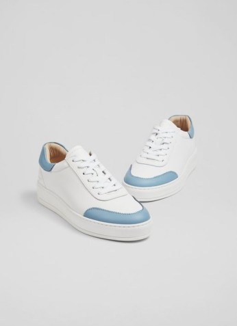 L.K. Bennett TEDDY WHITE AND BLUE LEATHER FLATFORM TRAINERS | colout block sports luxe shoes - flipped
