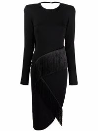The Attico panelled long-sleeved midi dress in black ~ fringed LBD ~ thigh high split asymmetric hem evening fashion ~ party glamour ~ open scoop back