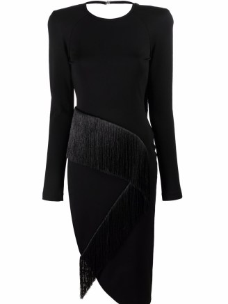 The Attico panelled long-sleeved midi dress in black ~ fringed LBD ~ thigh high split asymmetric hem evening fashion ~ party glamour ~ open scoop back - flipped