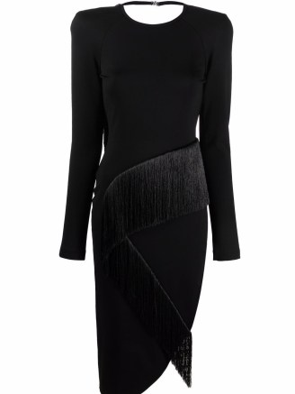 The Attico panelled long-sleeved midi dress in black ~ fringed LBD ~ thigh high split asymmetric hem evening fashion ~ party glamour ~ open scoop back