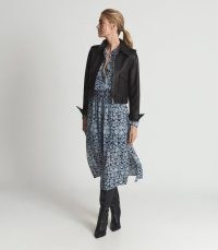 REISS TRINA FLORAL PRINTED MIDI BLUE / long sleeve cinched waist dresses / fluid fabric fashion