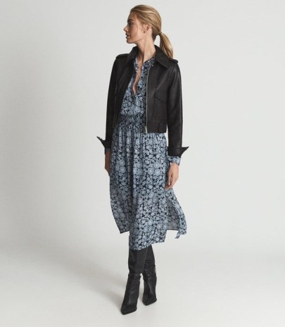 REISS TRINA FLORAL PRINTED MIDI BLUE / long sleeve cinched waist dresses / fluid fabric fashion