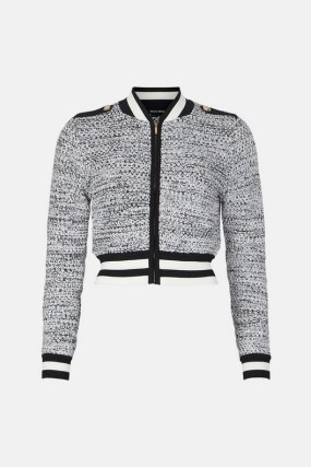 KAREN MILLEN Tweed Knit Bomber Jacket | chic knitted jackets - flipped