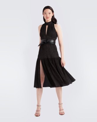 Diane Von Furstenberg Ambrose Midi Dress in Black & Gold | halterneck party dresses | thigh high split evening fashion - flipped