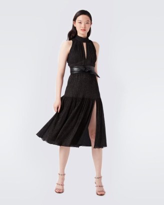Diane Von Furstenberg Ambrose Midi Dress in Black & Gold | halterneck party dresses | thigh high split evening fashion