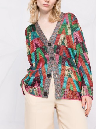 Valentino intarsia-knit logo knitted cardigan in multicolour ~ women’s multicoloured patterned cardigans ~ womens designer knitwear - flipped