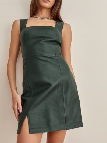 REFORMATION Veda Austin Leather Mini Dress Bottle Green ~ sleevelss square neck split hem dresses ~ luxe fashion - flipped