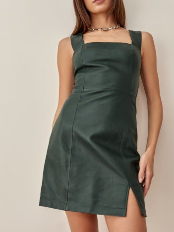 REFORMATION Veda Austin Leather Mini Dress Bottle Green ~ sleevelss square neck split hem dresses ~ luxe fashion