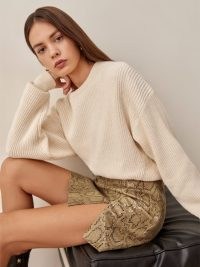 REFORMATION Veda Margie Leather Mini Skirt in Snake. ANIMAL PRINT SKIRTS. REPTILE PRINTED FASHION