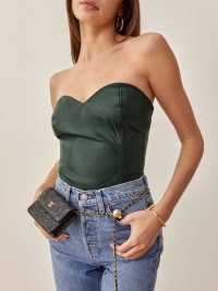 REFORMATION Veda Rockaway Leather Top Bottle Green ~ strapless sweetheart neckline tops ~ luxe evening fashion