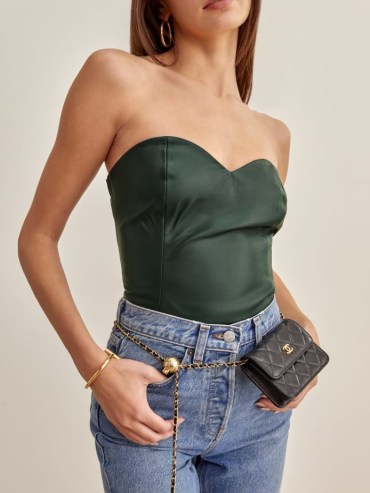 REFORMATION Veda Rockaway Leather Top Bottle Green ~ strapless sweetheart neckline tops ~ luxe evening fashion - flipped