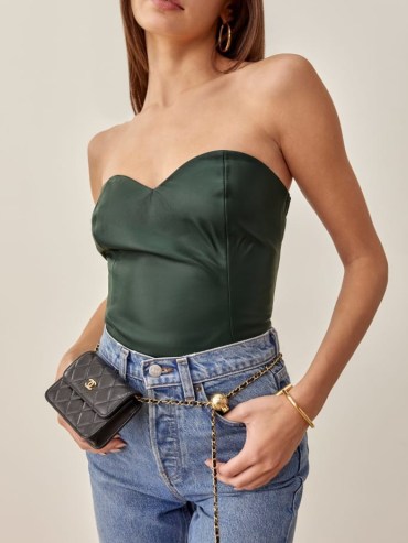 REFORMATION Veda Rockaway Leather Top Bottle Green ~ strapless sweetheart neckline tops ~ luxe evening fashion