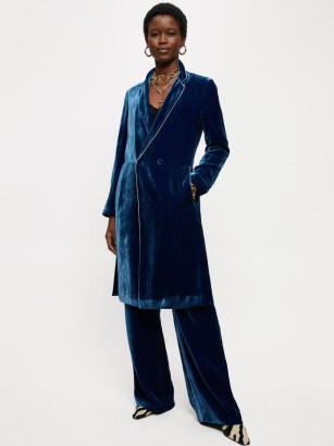 JIGSAW Velvet Robe Coat in Blue – womens luxe evening coats – women’s dressy occasion outerwear - flipped