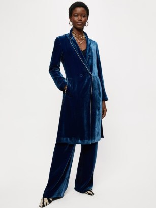 JIGSAW Velvet Robe Coat in Blue – womens luxe evening coats – women’s dressy occasion outerwear