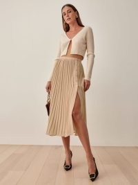 Reformation Verona Skirt in Buff – chic pleated button destil skirts