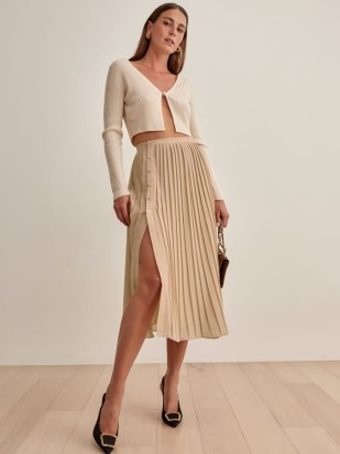Reformation Verona Skirt in Buff – chic pleated button destil skirts - flipped