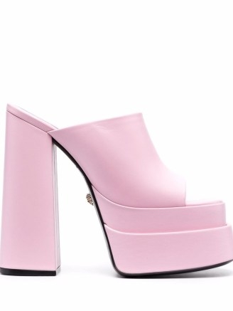 Versace high-heel platform mules in blush pink | chunky retro mules | high block heel peep toe platforms | gorgeous vintage style footwear - flipped
