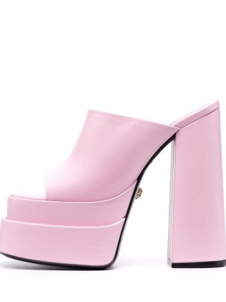 Versace high-heel platform mules in blush pink | chunky retro mules | high block heel peep toe platforms | gorgeous vintage style footwear