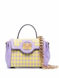 Versace medium La Medusa houndstooth tote bag in lilac and yellow / dogtooth check print shoulder bags / gold chain strap / women’s designer top handle handbags
