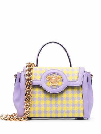Versace medium La Medusa houndstooth tote bag in lilac and yellow / dogtooth check print shoulder bags / gold chain strap / women’s designer top handle handbags - flipped