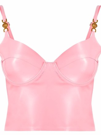 Versace underwired glossy crop top in bubblegum pink. CROPPED HEM FITTED BUST CUP TOPS - flipped