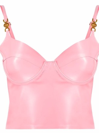 Versace underwired glossy crop top in bubblegum pink. CROPPED HEM FITTED BUST CUP TOPS