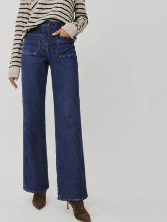 REFORMATION Victoria High Rise Wide Leg Jeans in Skala ~ womens blue denim fashion ~ exposed button fly - flipped
