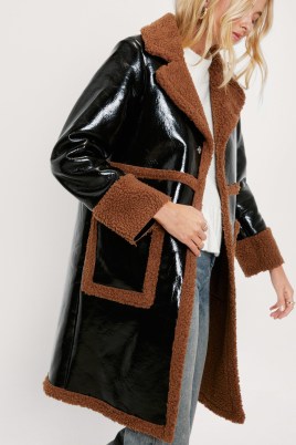 NASTY GAL Vinyl Faux Fur Trimmed Midi Jacket in black ~ women’s high shine winter coats - flipped