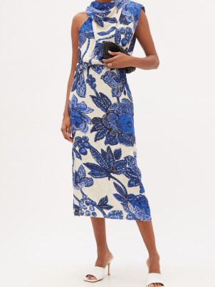 JOHANNA ORTIZ Gotas De Fuego jacquard midi dress / chic blue floral dresses / women’s sustainable 100% FSC viscose fashion - flipped